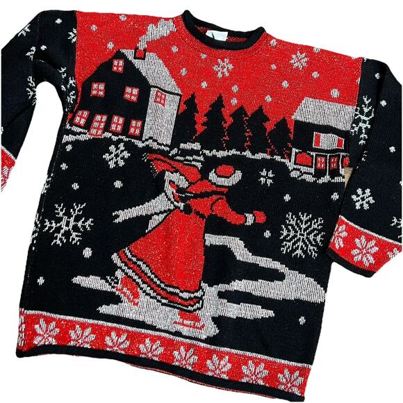 Holiday Time Sweaters - Vtg Large Metallic Ice Skaters Ugly Christmas Sweater 1980s Red Black Silver
